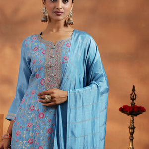 Blue Woven Design Silk Blend Straight Suit With Dupatta