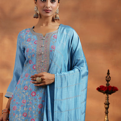 Blue Woven Design Silk Blend Straight Suit With Dupatta