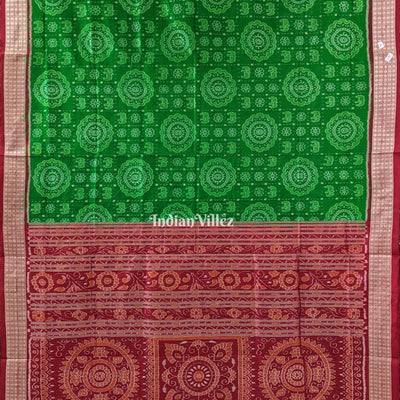 Green Red Elephant & Flower motif  Sambalpuri Ikat Silk Saree