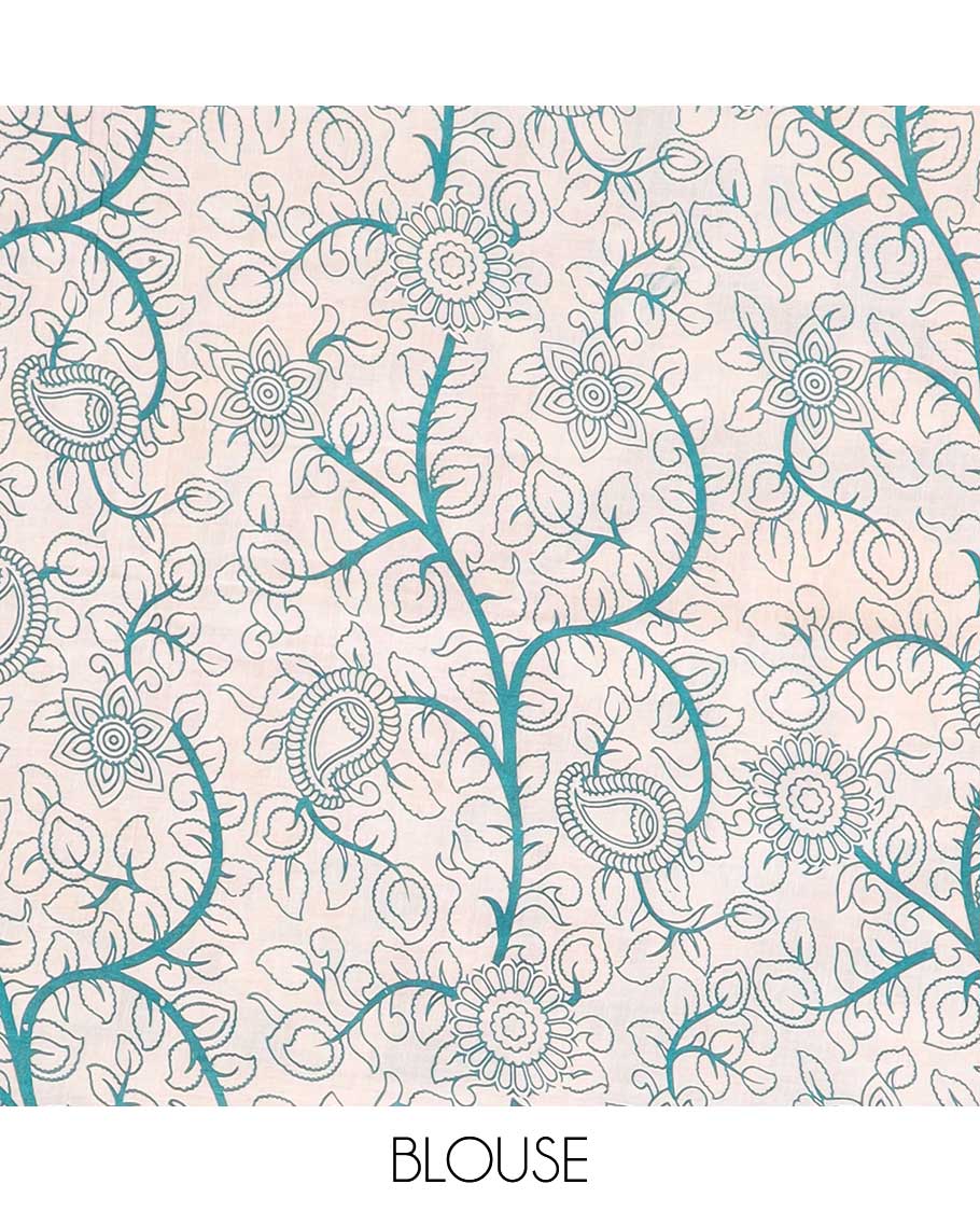 Red floral vine machine-printed kalamkari cotton saree, contrast tree motifs border & peacock pallu