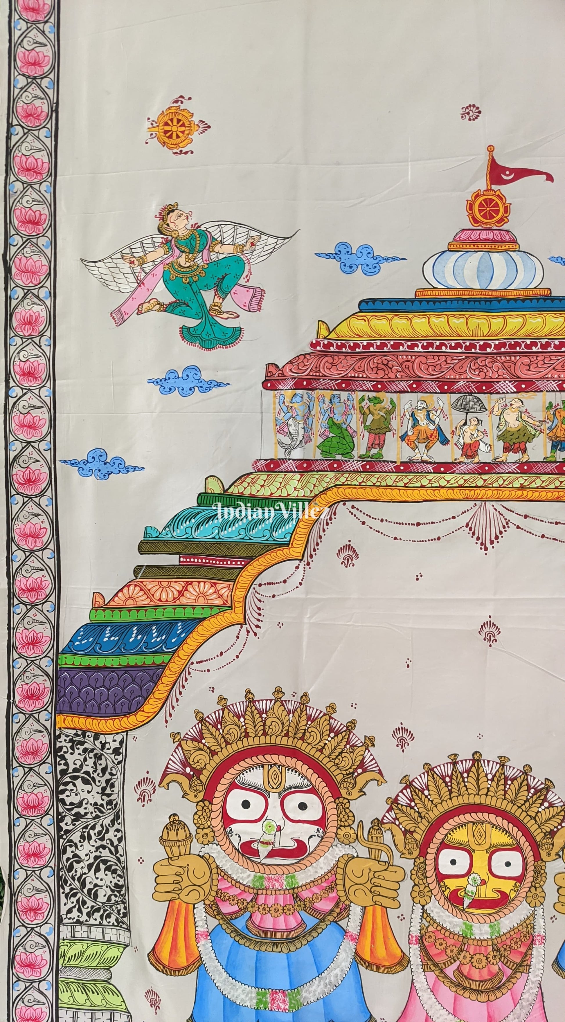 White Shree Jagannath Theme Hand-Painted Pattachitra Saree