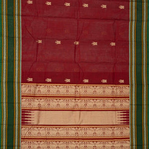 Crimson Handloom Kanchi Cotton Saree With Parrot Buttas.