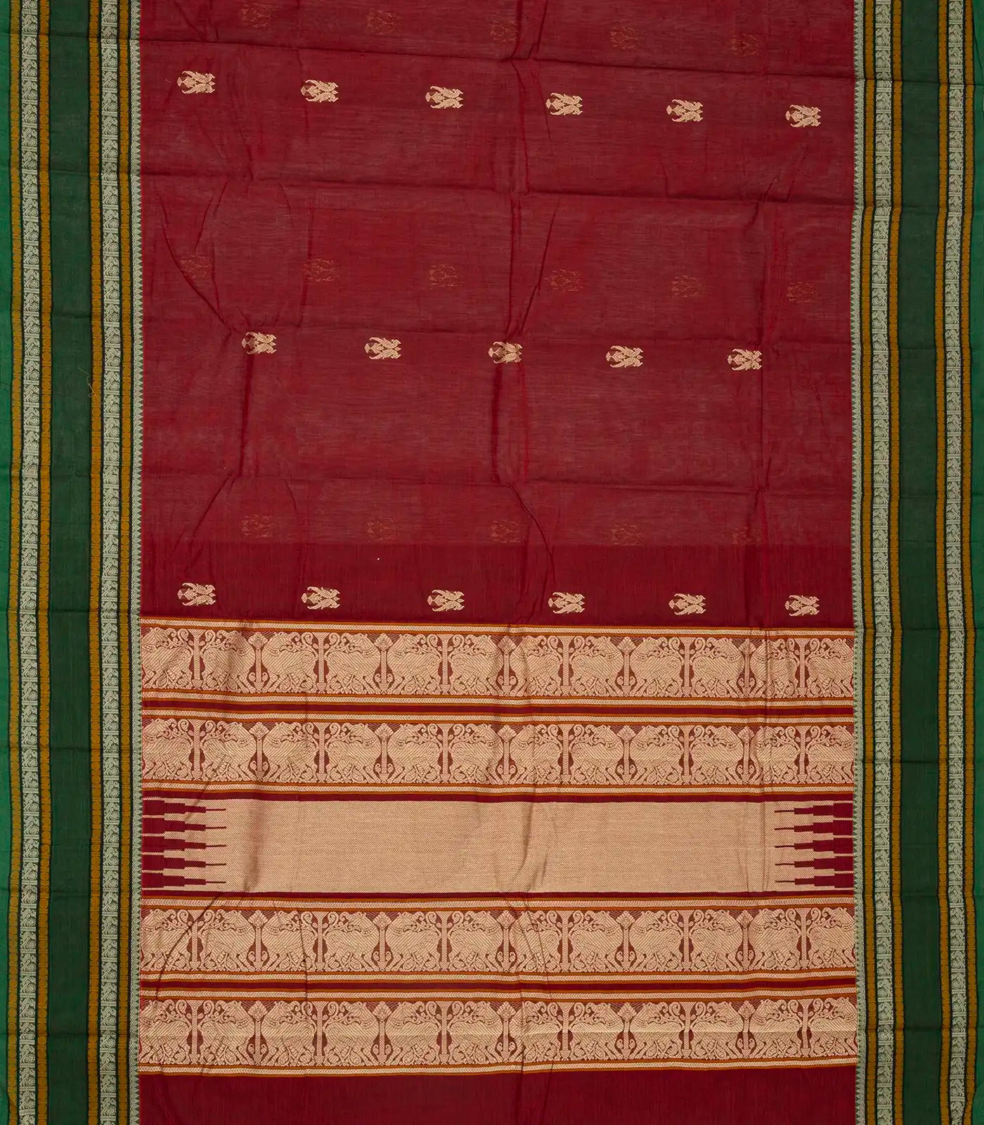 Crimson Handloom Kanchi Cotton Saree With Parrot Buttas.