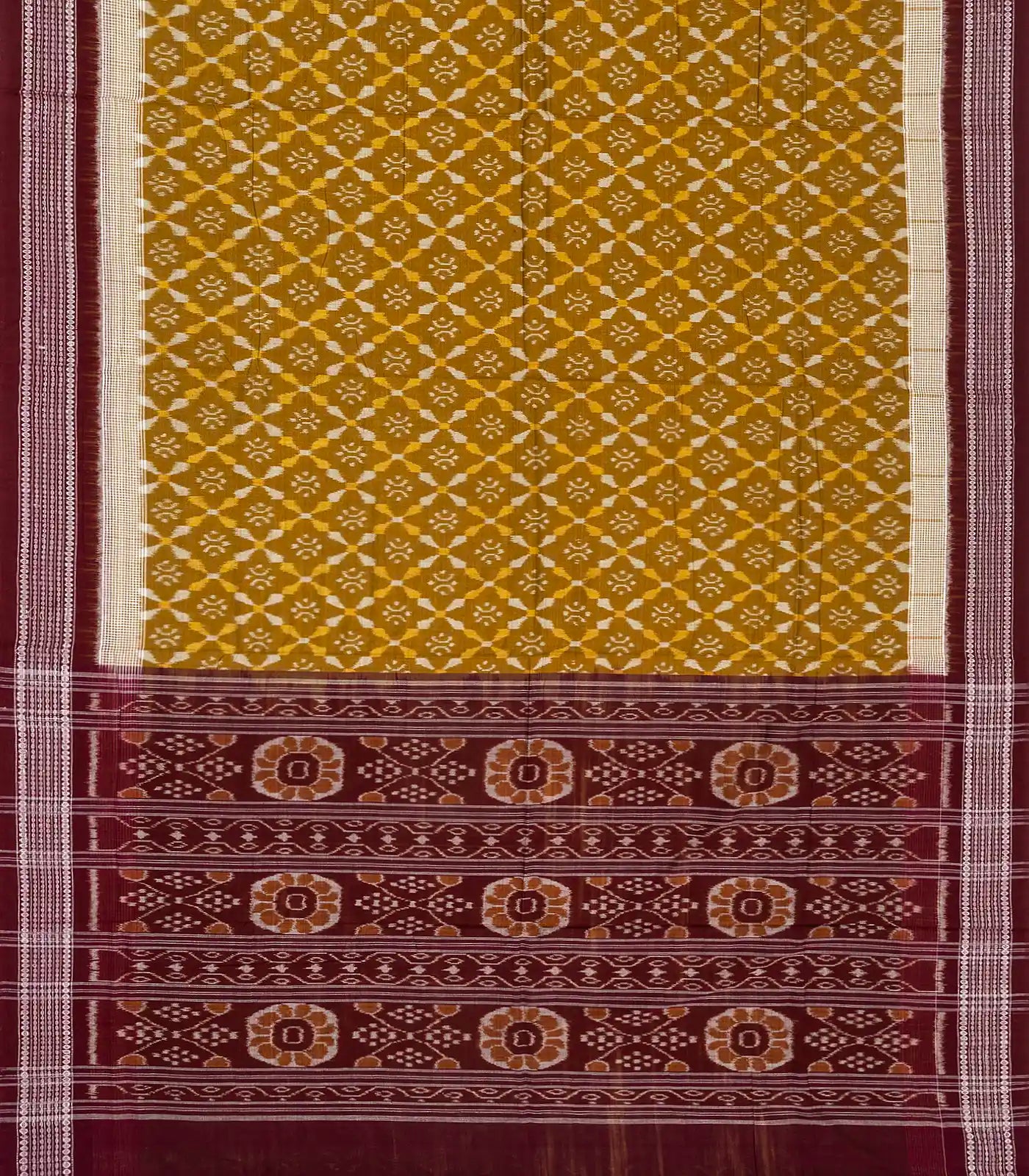 Mustard Handloom Orissa Cotton Saree With Tie & Dye Jaal Motifs
