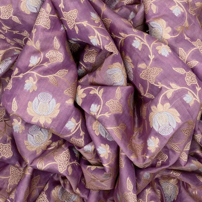 Lavender Handloom Banarasi Silk Saree With Gold & Silver Zari Floral Motifs