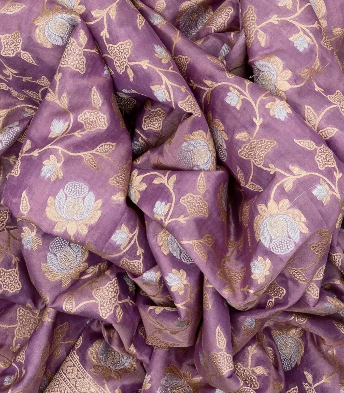 Lavender Handloom Banarasi Silk Saree With Gold & Silver Zari Floral Motifs