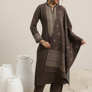 Brown Yoke Design Wool Blend Straight Suit With Dupatta