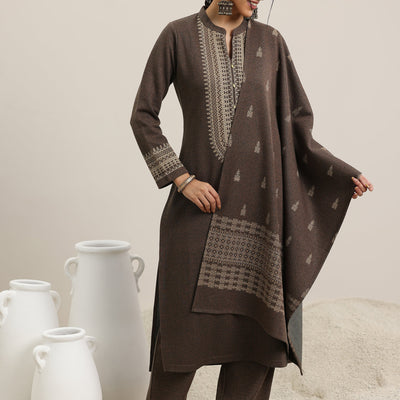 Brown Yoke Design Wool Blend Straight Suit With Dupatta