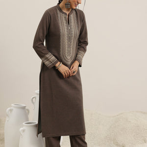 Brown Yoke Design Wool Blend Straight Suit With Dupatta
