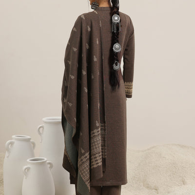 Brown Yoke Design Wool Blend Straight Suit With Dupatta