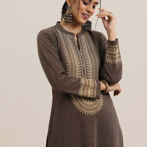 Brown Yoke Design Wool Blend Straight Suit With Dupatta
