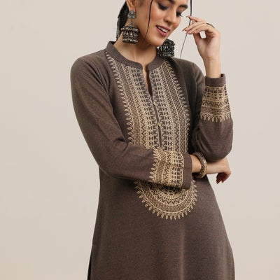 Brown Yoke Design Wool Blend Straight Suit With Dupatta