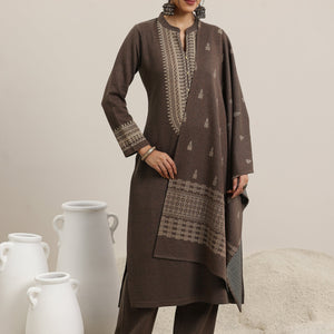 Brown Yoke Design Wool Blend Straight Suit With Dupatta