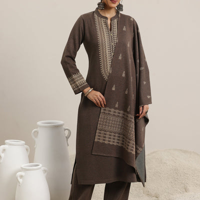 Brown Yoke Design Wool Blend Straight Suit With Dupatta