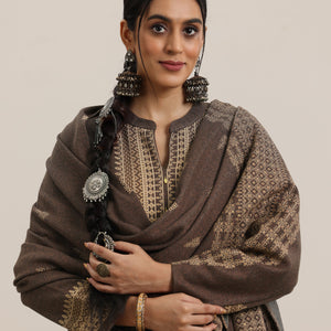 Brown Yoke Design Wool Blend Straight Suit With Dupatta