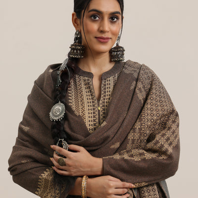 Brown Yoke Design Wool Blend Straight Suit With Dupatta