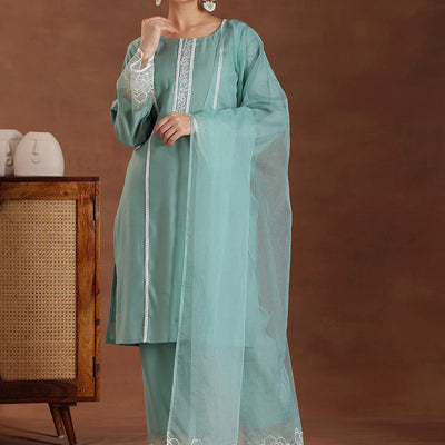 Green Self Design Silk Blend Straight Suit With Dupatta