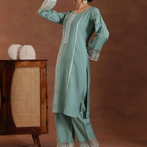 Green Self Design Silk Blend Straight Suit With Dupatta