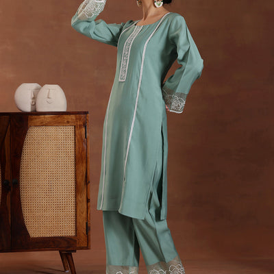 Green Self Design Silk Blend Straight Suit With Dupatta