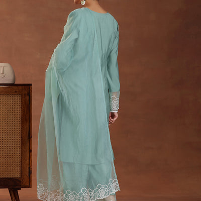 Green Self Design Silk Blend Straight Suit With Dupatta