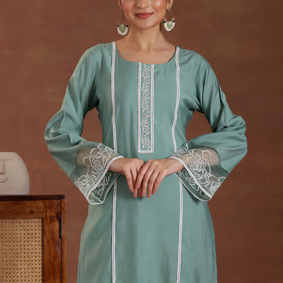 Green Self Design Silk Blend Straight Suit With Dupatta