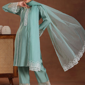 Green Self Design Silk Blend Straight Suit With Dupatta