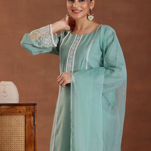 Green Self Design Silk Blend Straight Suit With Dupatta