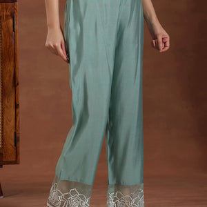 Green Self Design Silk Blend Straight Suit With Dupatta