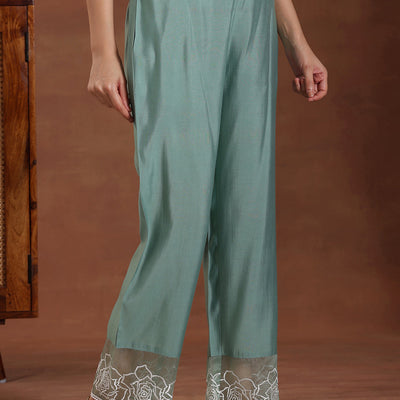 Green Self Design Silk Blend Straight Suit With Dupatta