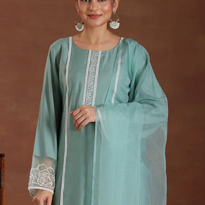 Green Self Design Silk Blend Straight Suit With Dupatta