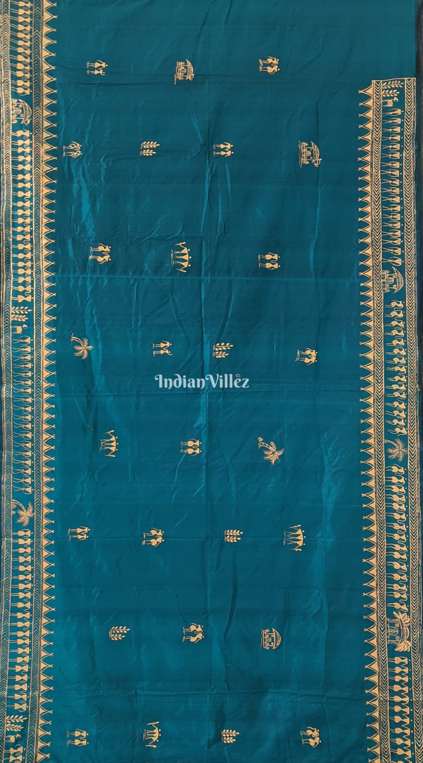 Pine Green Tribal Theme Hand-Painted Pattachitra Saree