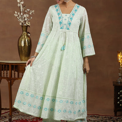 Green Embroidered Georgette Anarkali Suit With Dupatta