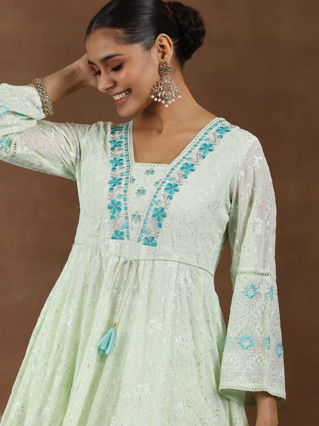 Green Embroidered Georgette Anarkali Suit With Dupatta