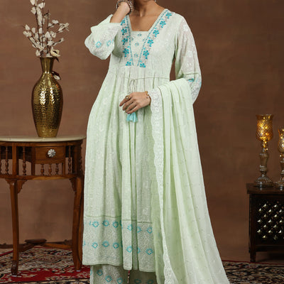 Green Embroidered Georgette Anarkali Suit With Dupatta