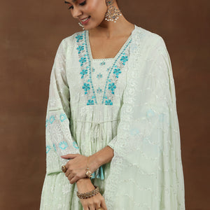 Green Embroidered Georgette Anarkali Suit With Dupatta
