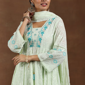 Green Embroidered Georgette Anarkali Suit With Dupatta