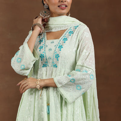 Green Embroidered Georgette Anarkali Suit With Dupatta