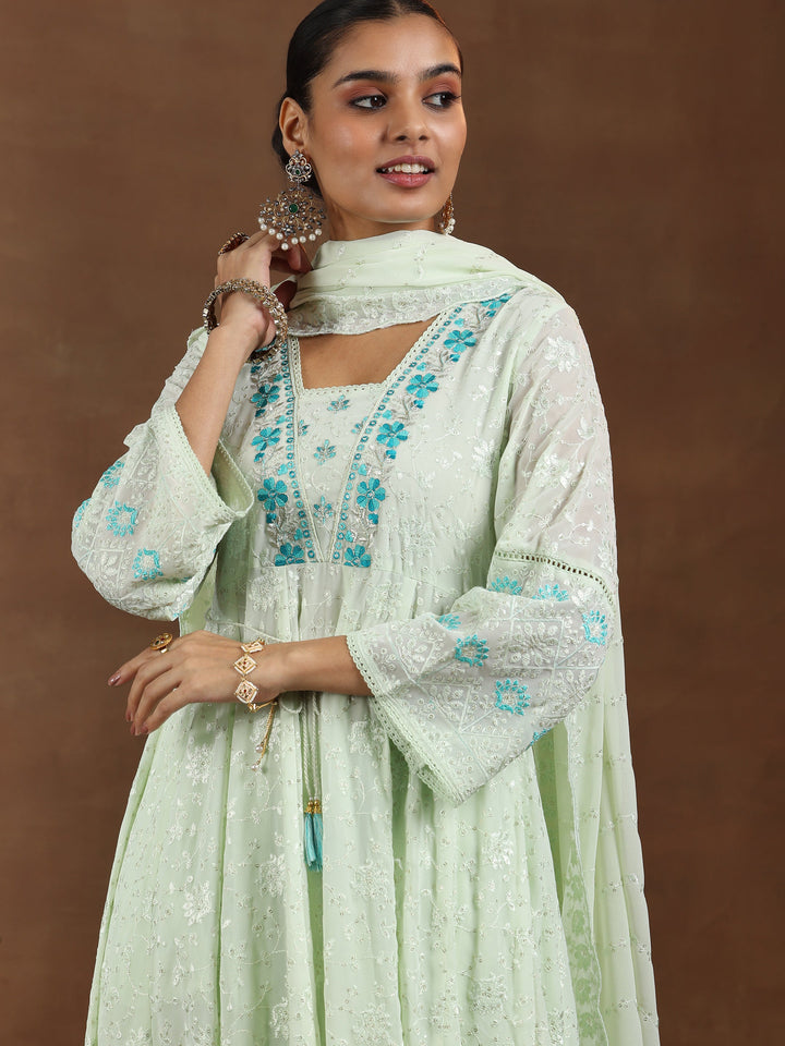 Green Embroidered Georgette Anarkali Suit With Dupatta