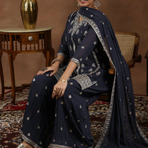 Grey Embroidered Georgette Straight Suit With Dupatta