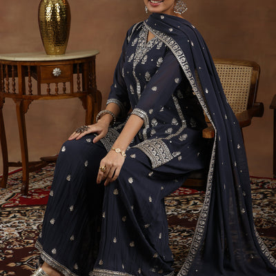 Grey Embroidered Georgette Straight Suit With Dupatta