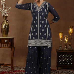 Grey Embroidered Georgette Straight Suit With Dupatta