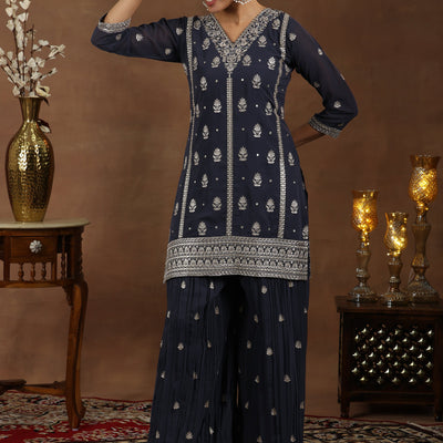 Grey Embroidered Georgette Straight Suit With Dupatta