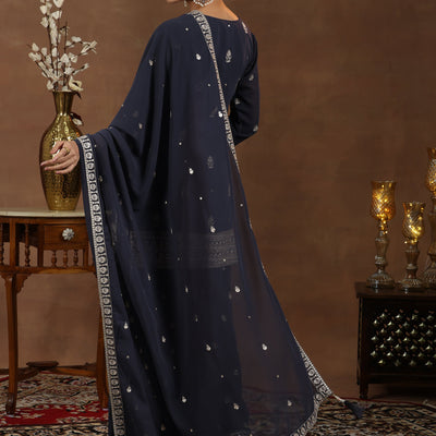 Grey Embroidered Georgette Straight Suit With Dupatta