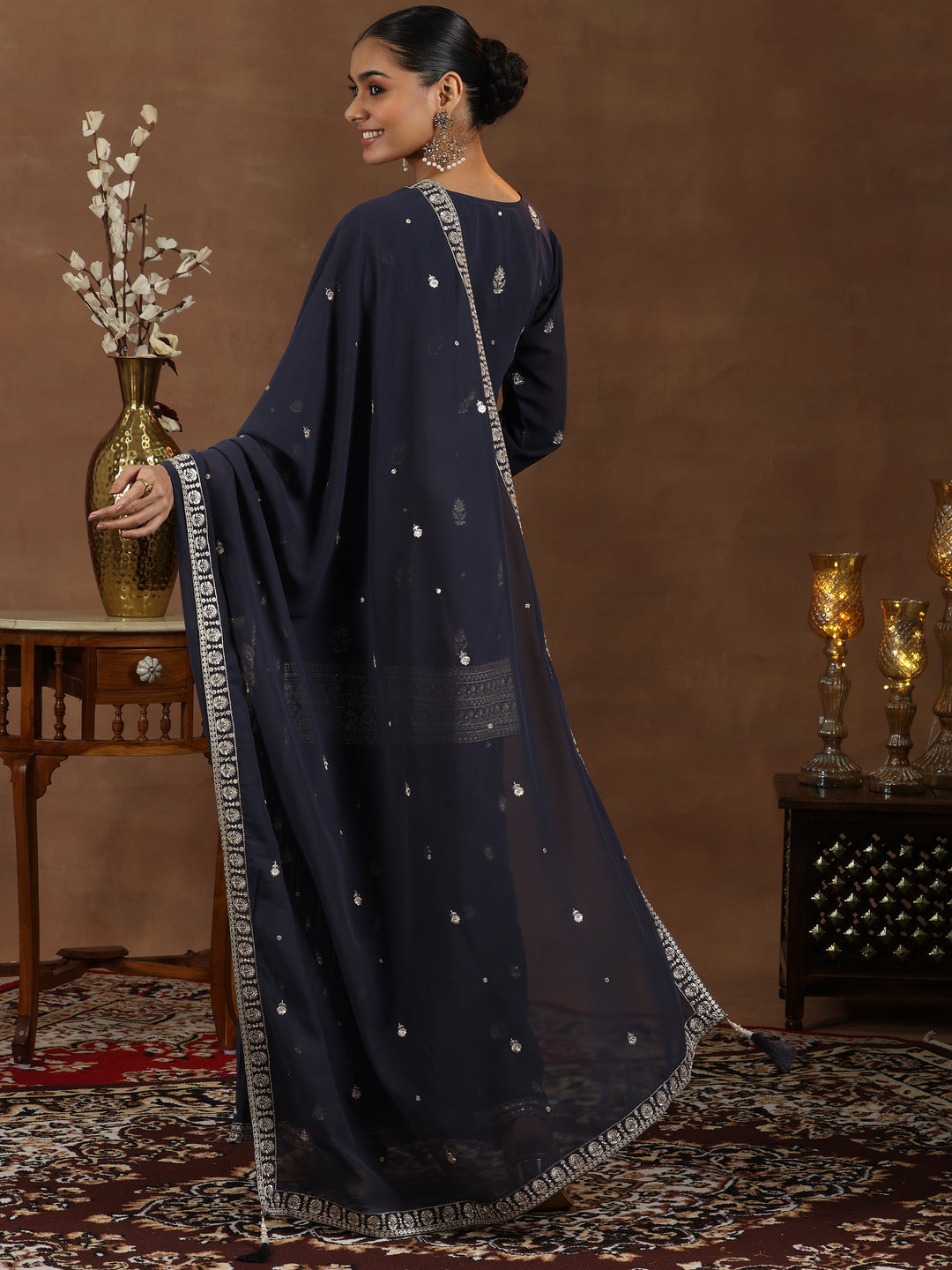 Grey Embroidered Georgette Straight Suit With Dupatta