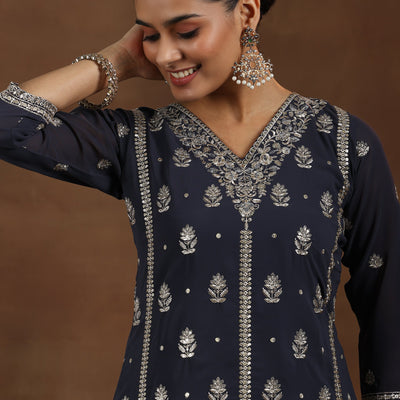 Grey Embroidered Georgette Straight Suit With Dupatta