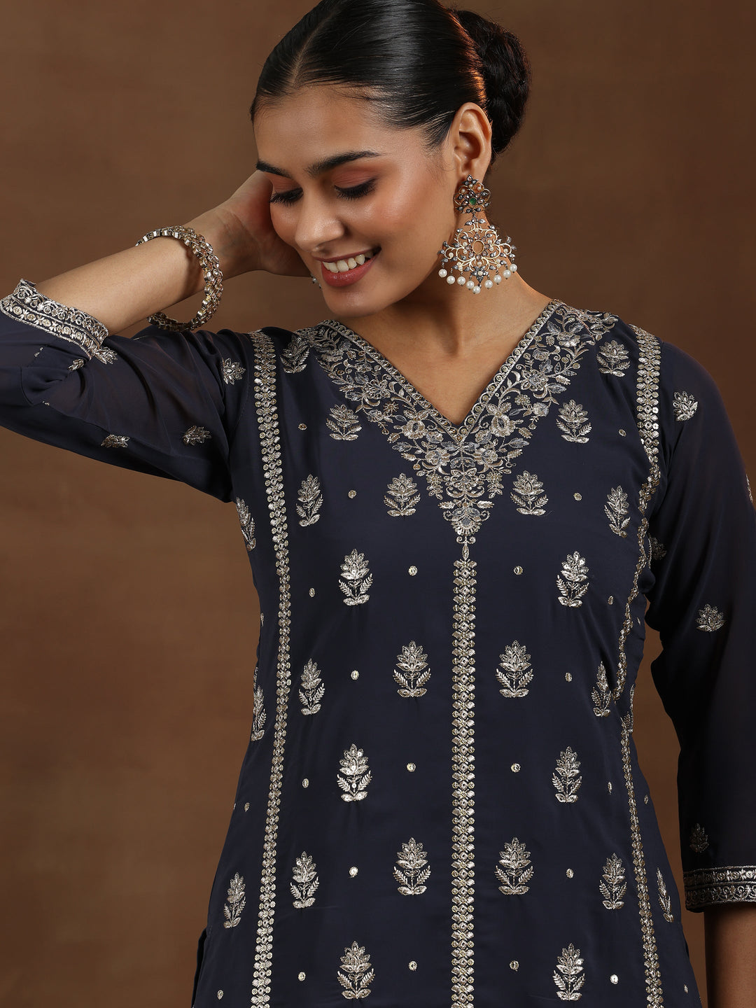 Grey Embroidered Georgette Straight Suit With Dupatta