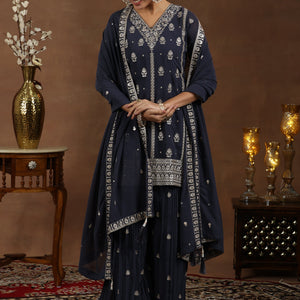 Grey Embroidered Georgette Straight Suit With Dupatta