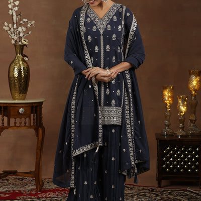 Grey Embroidered Georgette Straight Suit With Dupatta
