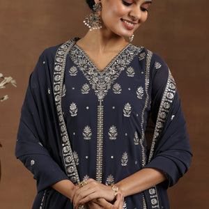 Grey Embroidered Georgette Straight Suit With Dupatta