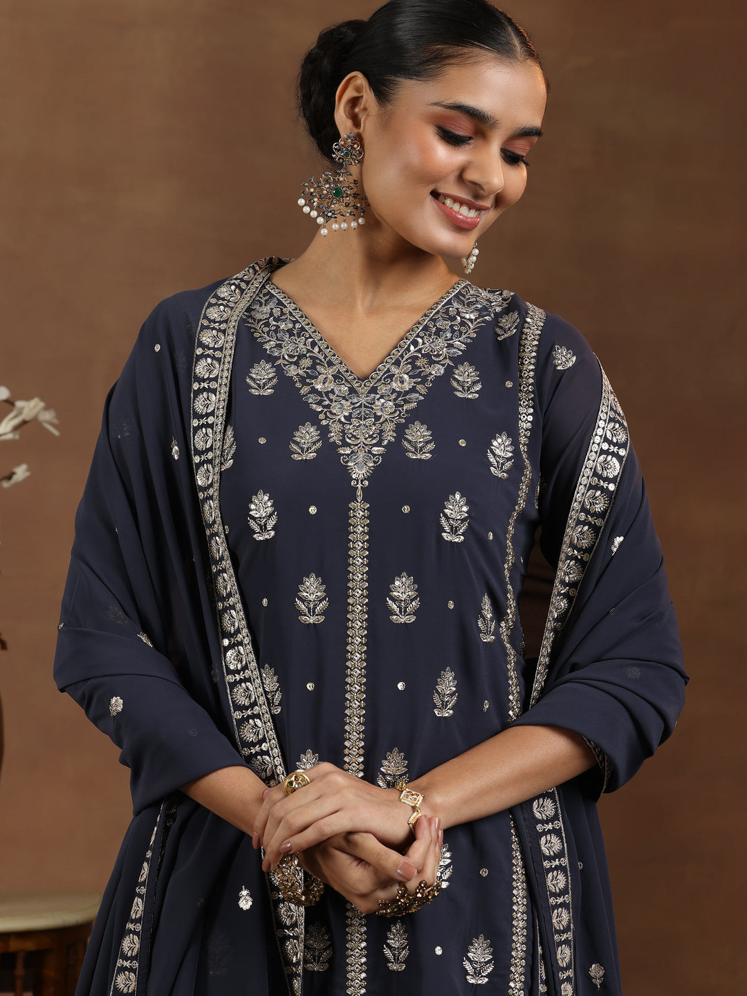 Grey Embroidered Georgette Straight Suit With Dupatta